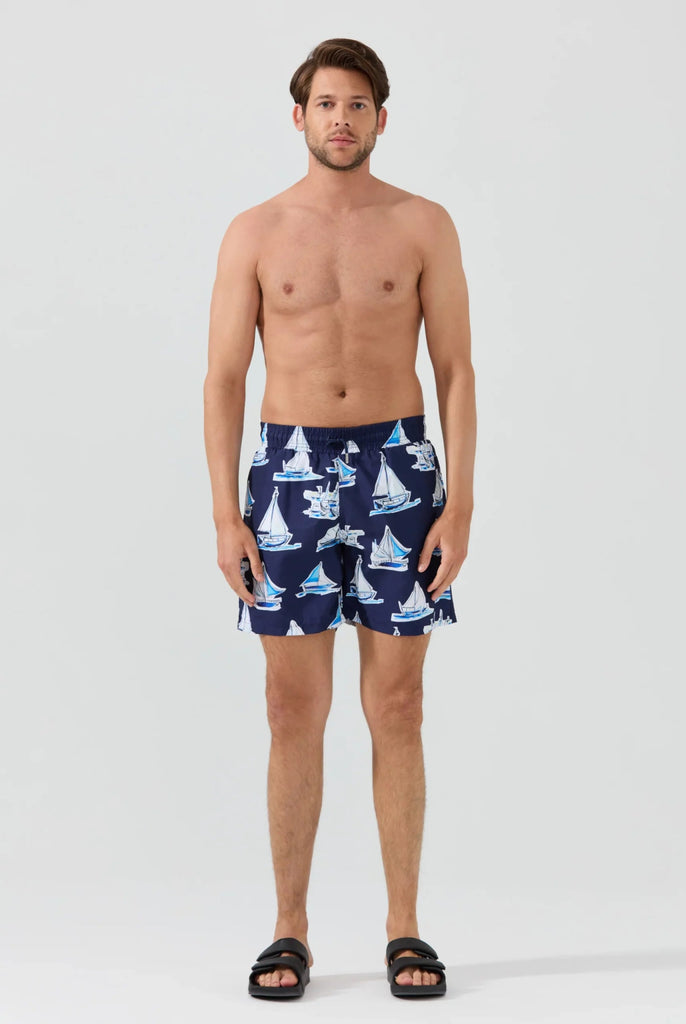 Marco Frank - Achille: Ship Print Quick-Drying Swim Short - Navy