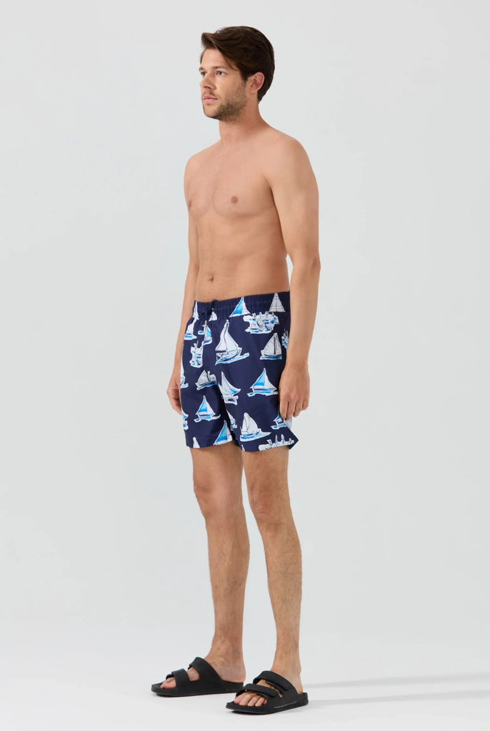 Marco Frank - Achille: Ship Print Quick-Drying Swim Short - Navy