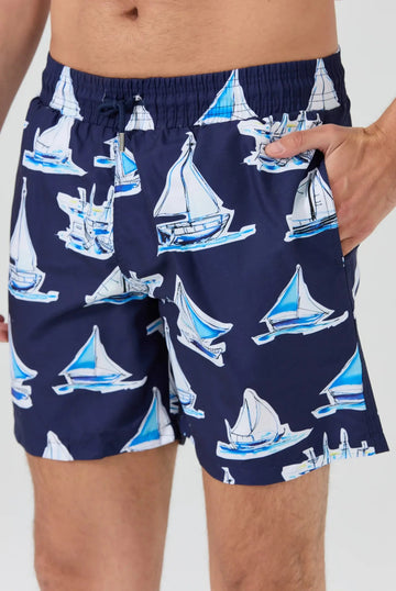 Marco Frank - Achille: Ship Print Quick-Drying Swim Short - Navy