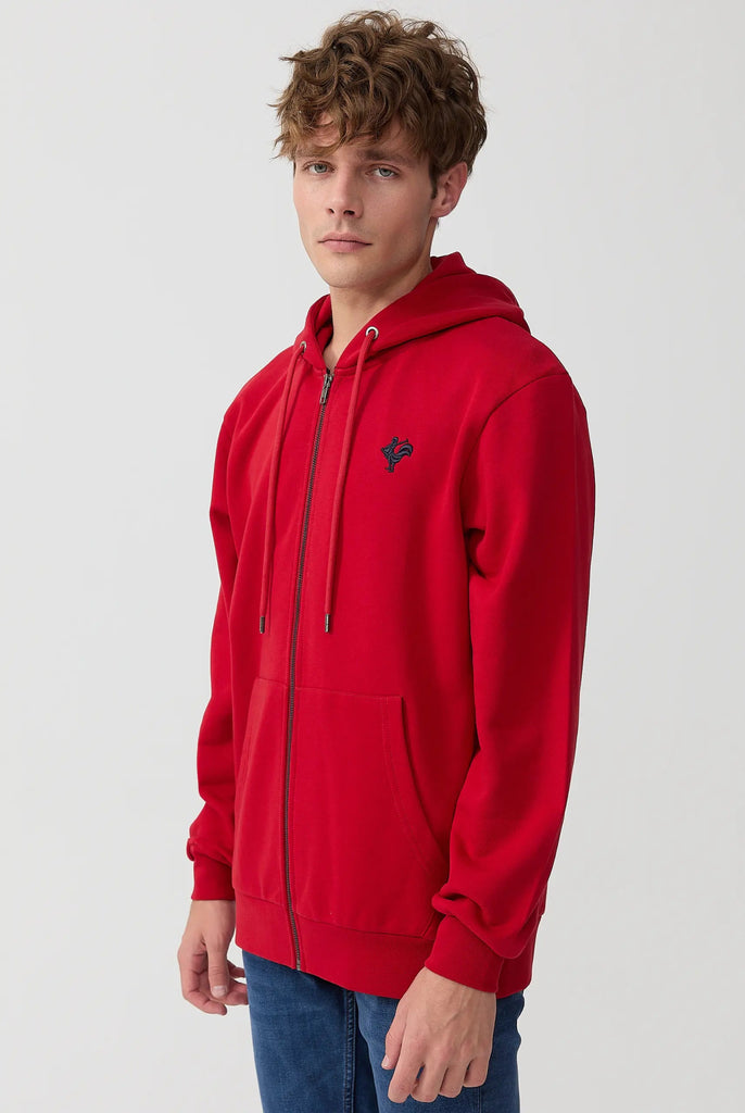 Marco Frank - Ducasse: Sweat Zippé à Capuche Avec Logo de Coq Emblématique Brodé - Rouge