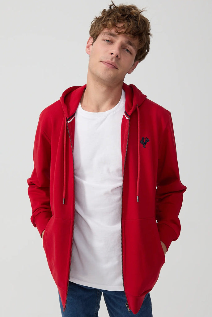 Marco Frank - Ducasse: Sweat Zippé à Capuche Avec Logo de Coq Emblématique Brodé - Rouge