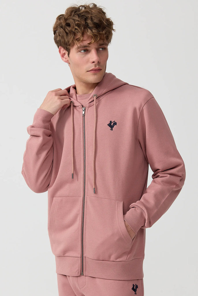 Marco Frank - Ducasse: Sweat Zippé à Capuche Avec Logo de Coq Emblématique Brodé - Rose