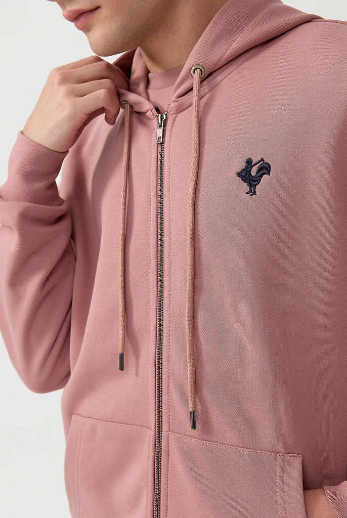 Marco Frank - Ducasse: Sweat Zippé à Capuche Avec Logo de Coq Emblématique Brodé - Rose
