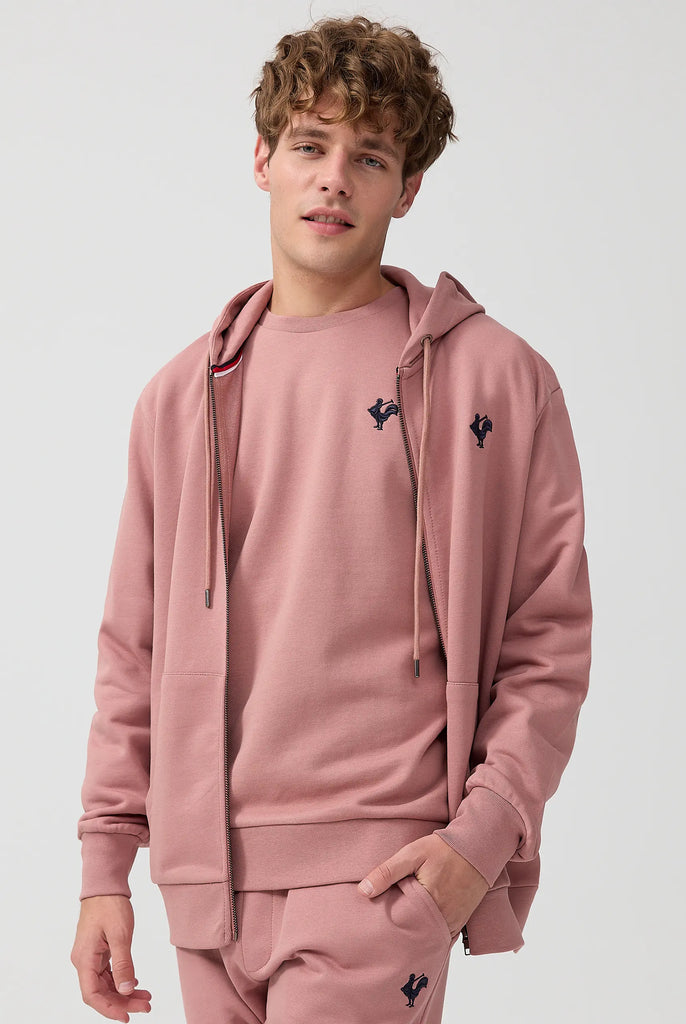 Marco Frank - Ducasse: Sweat Zippé à Capuche Avec Logo de Coq Emblématique Brodé - Rose