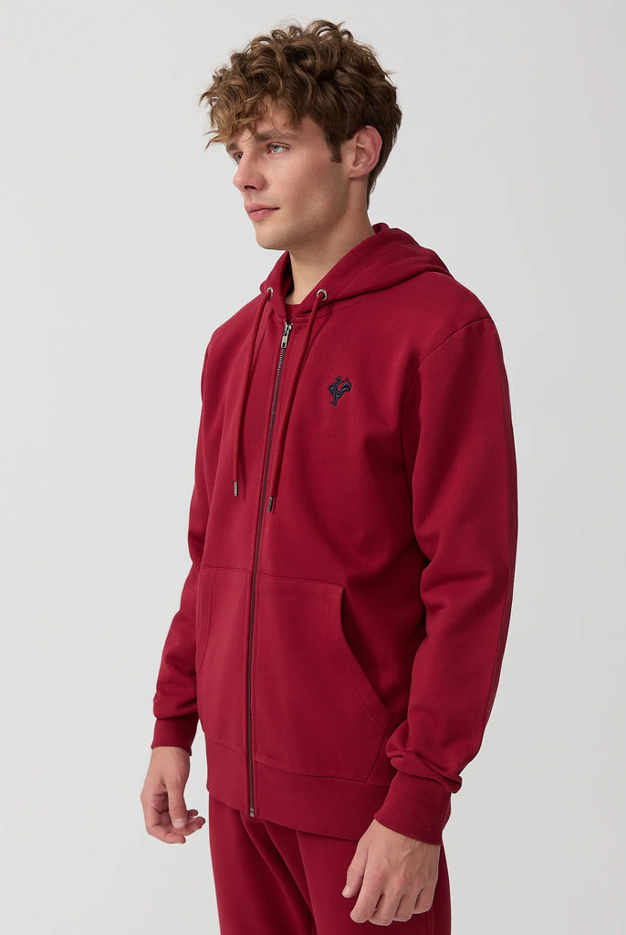 Marco Frank - Ducasse: Sweat Zippé à Capuche Avec Logo de Coq Emblématique Brodé - Red