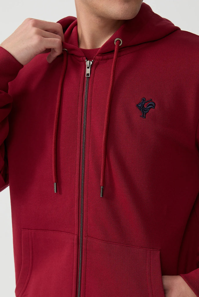Marco Frank - Ducasse: Sweat Zippé à Capuche Avec Logo de Coq Emblématique Brodé - Red