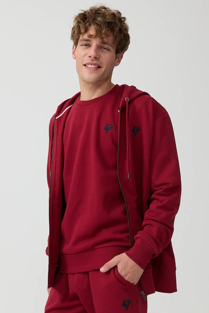 Marco Frank - Ducasse: Sweat Zippé à Capuche Avec Logo de Coq Emblématique Brodé - Red