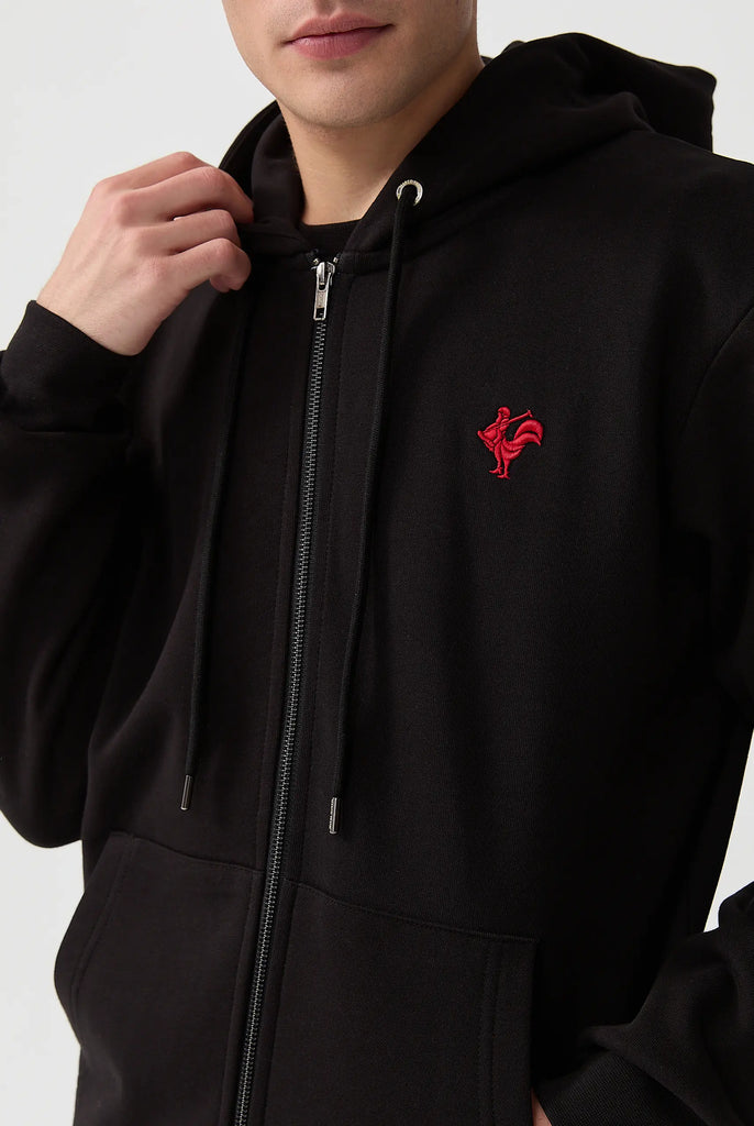 Marco Frank - Ducasse: Sweat Zippé à Capuche Avec Logo de Coq Emblématique Brodé - Noir