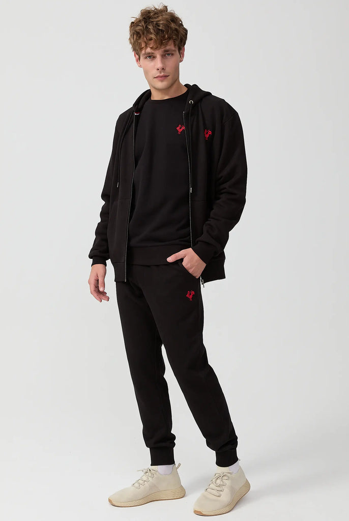 Marco Frank - Ducasse: Sweat Zippé à Capuche Avec Logo de Coq Emblématique Brodé - Noir