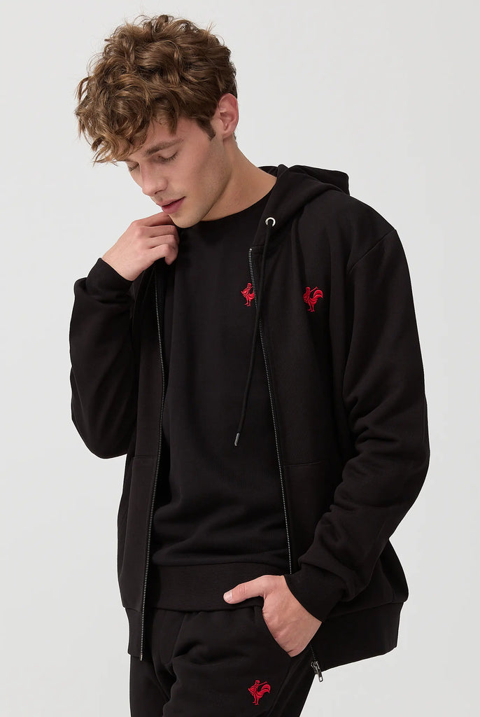 Marco Frank - Ducasse: Sweat Zippé à Capuche Avec Logo de Coq Emblématique Brodé - Noir