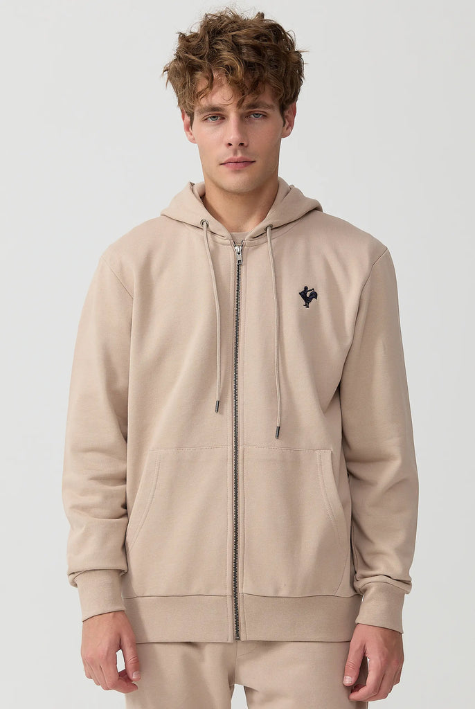 Marco Frank - Ducasse: Sweat Zippé à Capuche Avec Logo de Coq Emblématique Brodé - Beige