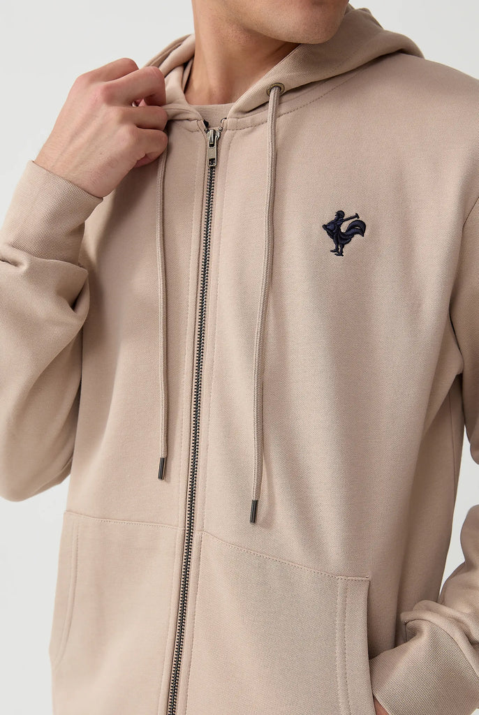 Marco Frank - Ducasse: Sweat Zippé à Capuche Avec Logo de Coq Emblématique Brodé - Beige