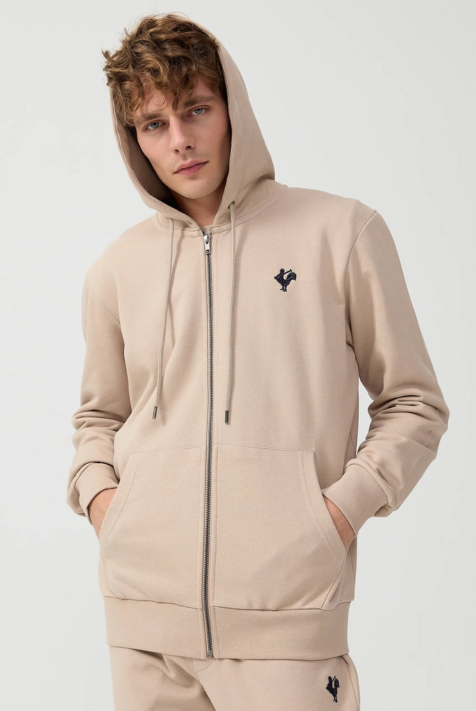 Marco Frank - Ducasse: Sweat Zippé à Capuche Avec Logo de Coq Emblématique Brodé - Beige