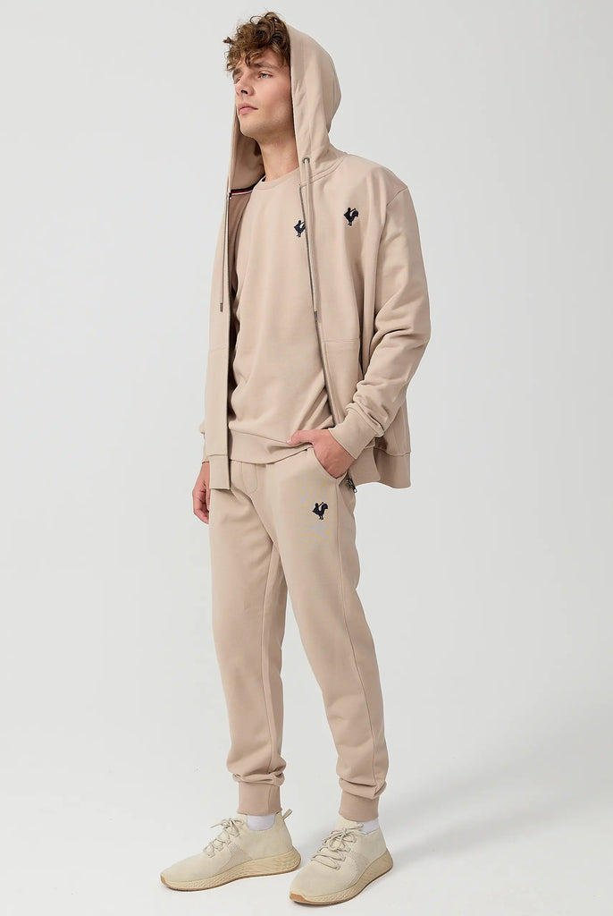 Marco Frank - Ducasse: Sweat Zippé à Capuche Avec Logo de Coq Emblématique Brodé - Beige