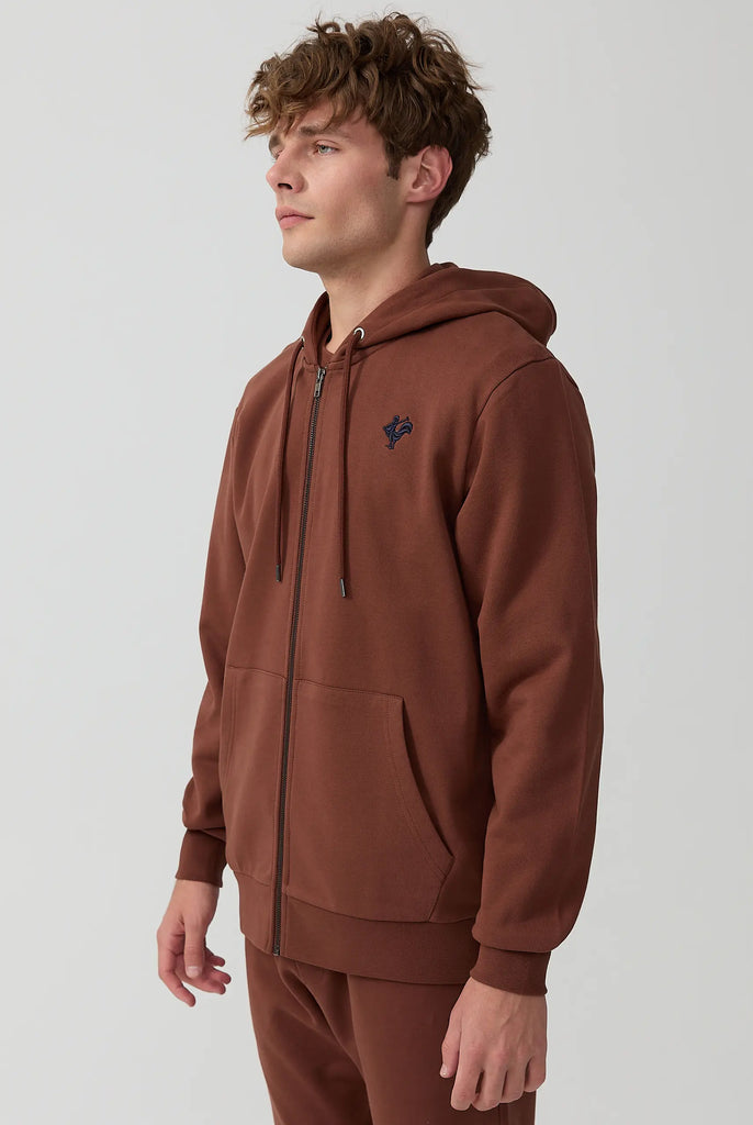 Marco Frank - Ducasse: Sweat Zippé à Capuche Avec Logo de Coq Emblématique Brodé - Brun