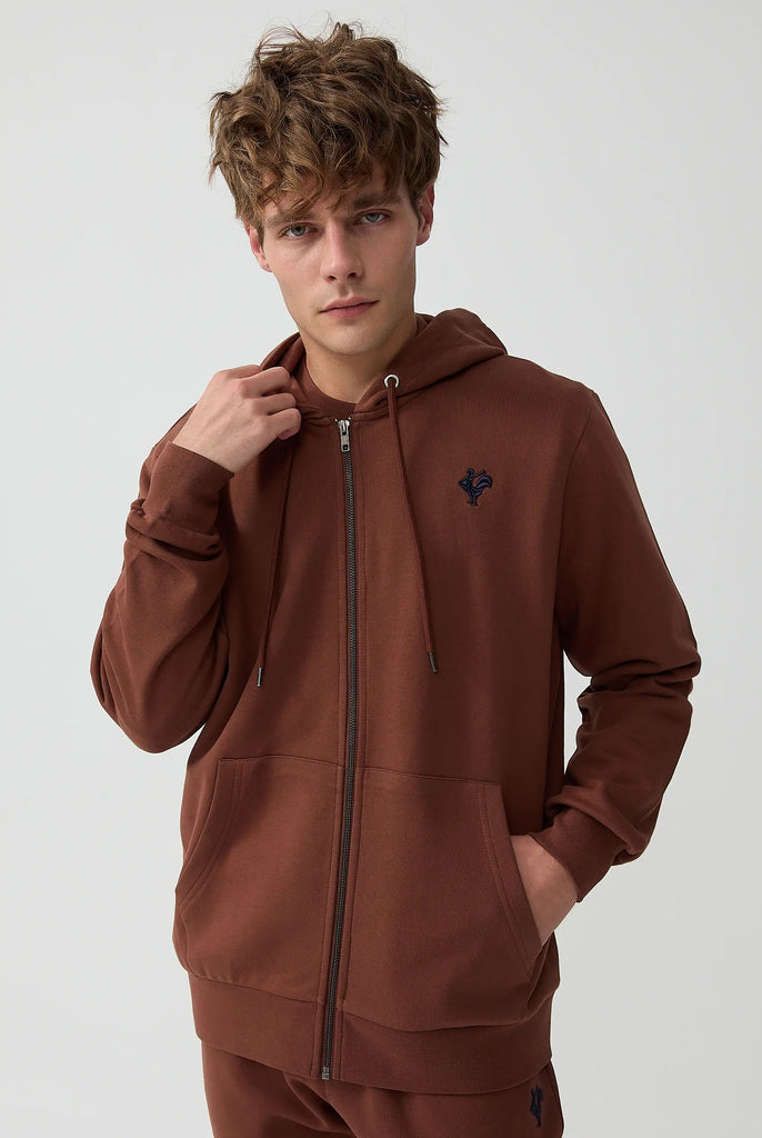Marco Frank - Ducasse: Sweat Zippé à Capuche Avec Logo de Coq Emblématique Brodé - Brun