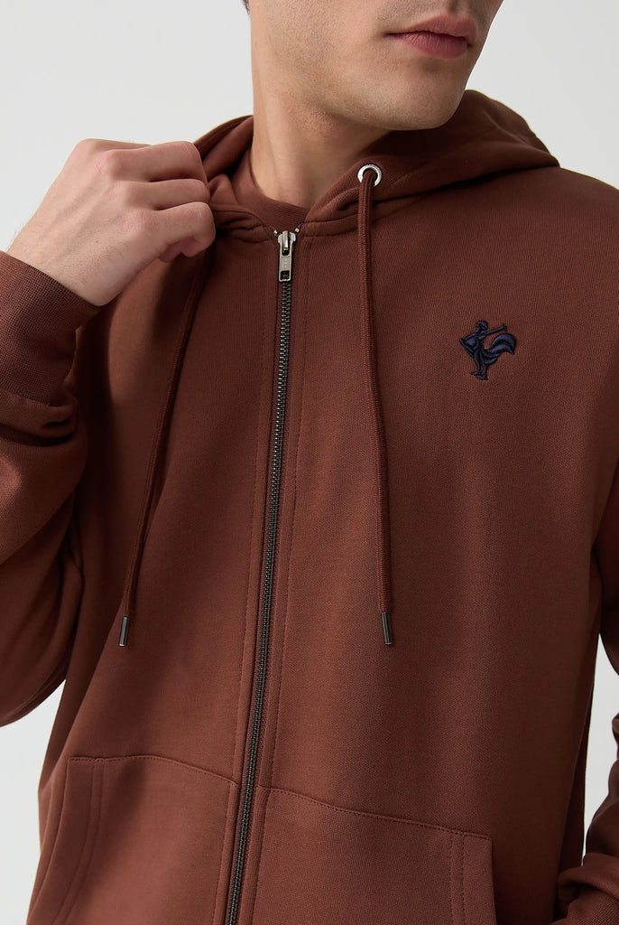 Marco Frank - Ducasse: Sweat Zippé à Capuche Avec Logo de Coq Emblématique Brodé - Brun
