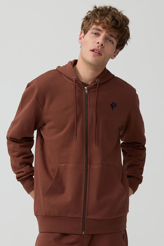 Marco Frank - Ducasse: Sweat Zippé à Capuche Avec Logo de Coq Emblématique Brodé - Brun