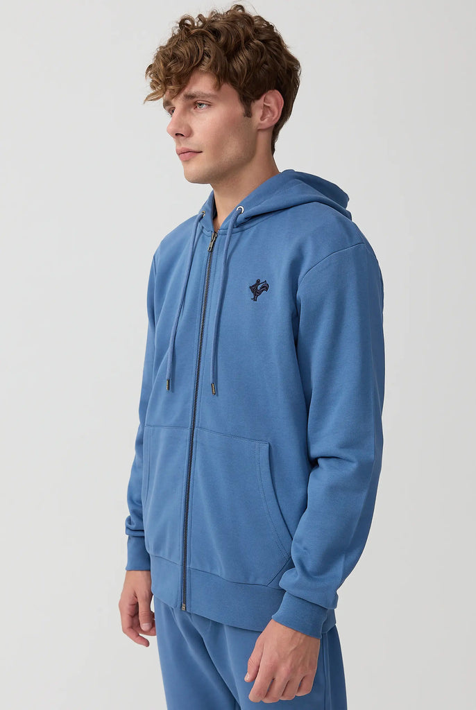 Marco Frank - Ducasse: Sweat Zippé à Capuche Avec Logo de Coq Emblématique Brodé - Indigo