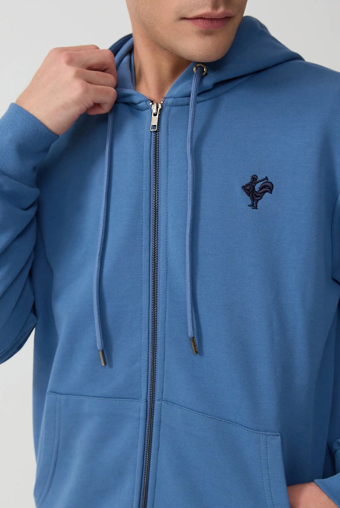 Marco Frank - Ducasse: Sweat Zippé à Capuche Avec Logo de Coq Emblématique Brodé - Indigo
