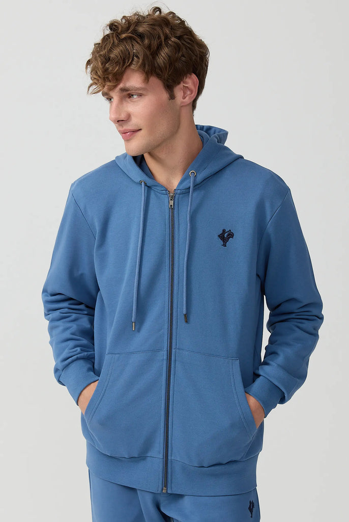 Marco Frank - Ducasse: Sweat Zippé à Capuche Avec Logo de Coq Emblématique Brodé - Indigo