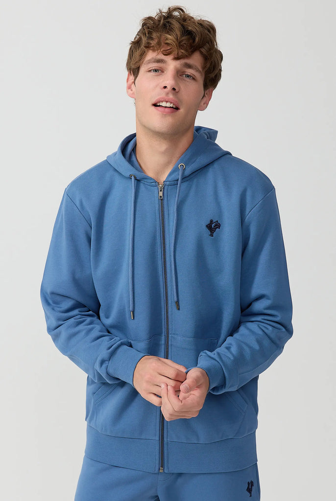 Marco Frank - Ducasse: Sweat Zippé à Capuche Avec Logo de Coq Emblématique Brodé - Indigo
