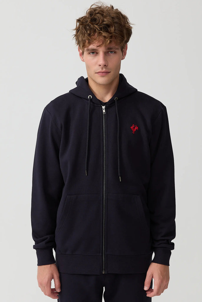 Marco Frank - Ducasse: Sweat Zippé à Capuche Avec Logo de Coq Emblématique Brodé - Bleu Marine