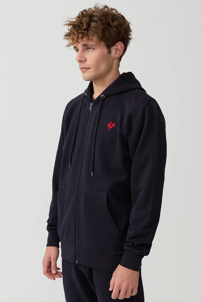 Marco Frank - Ducasse: Sweat Zippé à Capuche Avec Logo de Coq Emblématique Brodé - Bleu Marine