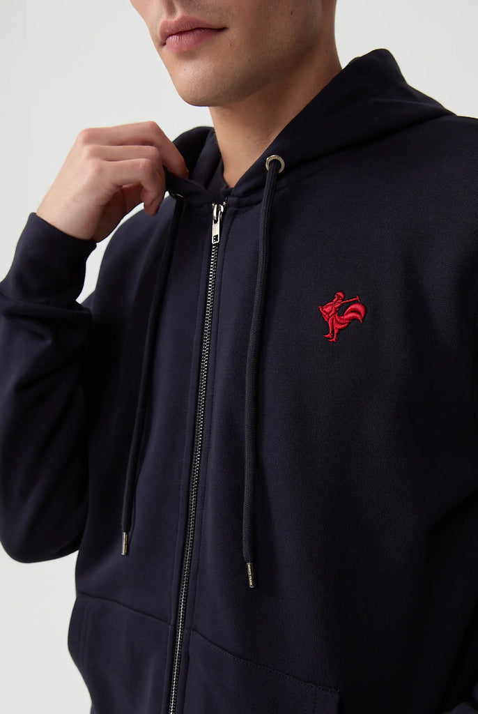 Marco Frank - Ducasse: Sweat Zippé à Capuche Avec Logo de Coq Emblématique Brodé - Bleu Marine