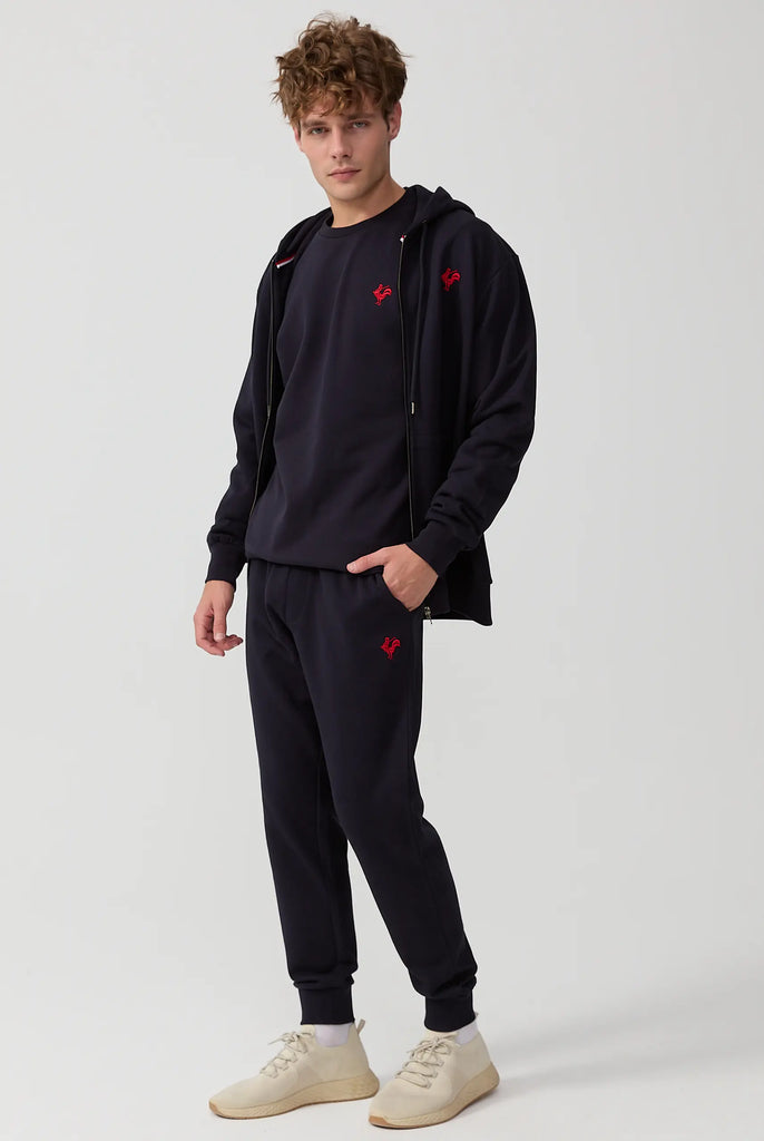 Marco Frank - Ducasse: Sweat Zippé à Capuche Avec Logo de Coq Emblématique Brodé - Bleu Marine