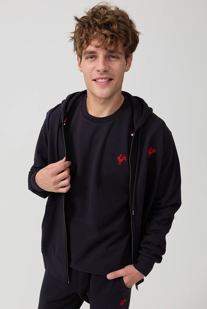 Marco Frank - Ducasse: Sweat Zippé à Capuche Avec Logo de Coq Emblématique Brodé - Bleu Marine