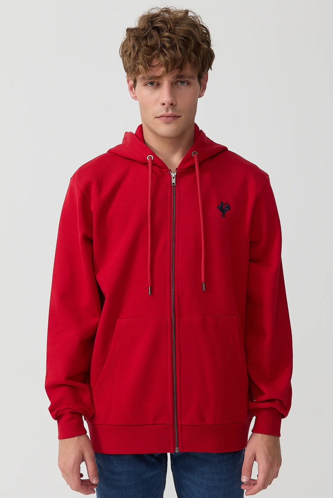 Marco Frank - Ducasse: Sweat Zippé à Capuche Avec Logo de Coq Emblématique Brodé - Rouge