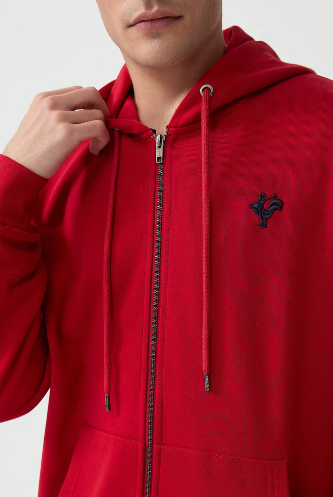 Marco Frank - Ducasse: Sweat Zippé à Capuche Avec Logo de Coq Emblématique Brodé - Rouge