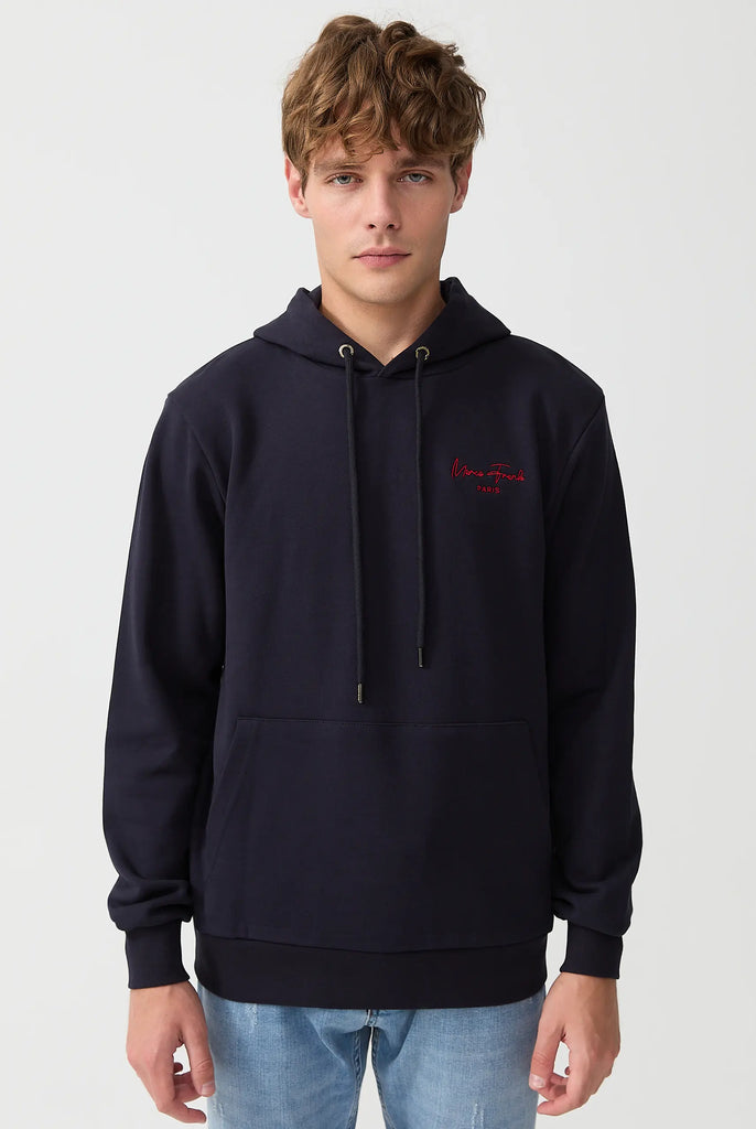 Marco Frank - Hugh: Sweat Capuche Avec Logo Manuscrit Brodé - Bleu Marine