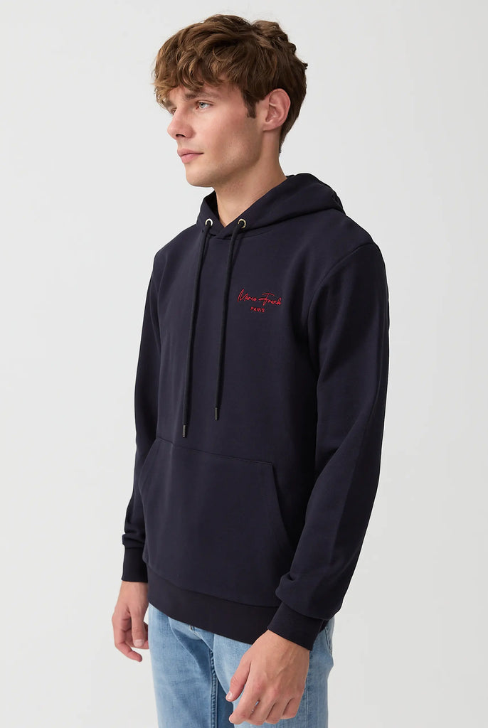 Marco Frank - Hugh: Sweat Capuche Avec Logo Manuscrit Brodé - Bleu Marine