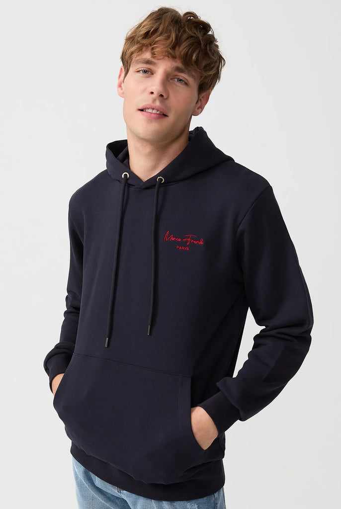 Marco Frank - Hugh: Sweat Capuche Avec Logo Manuscrit Brodé - Bleu Marine