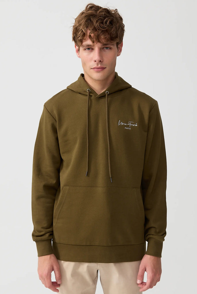 Marco Frank - Hugh: Sweat Capuche Avec Logo Manuscrit Brodé - Kaki