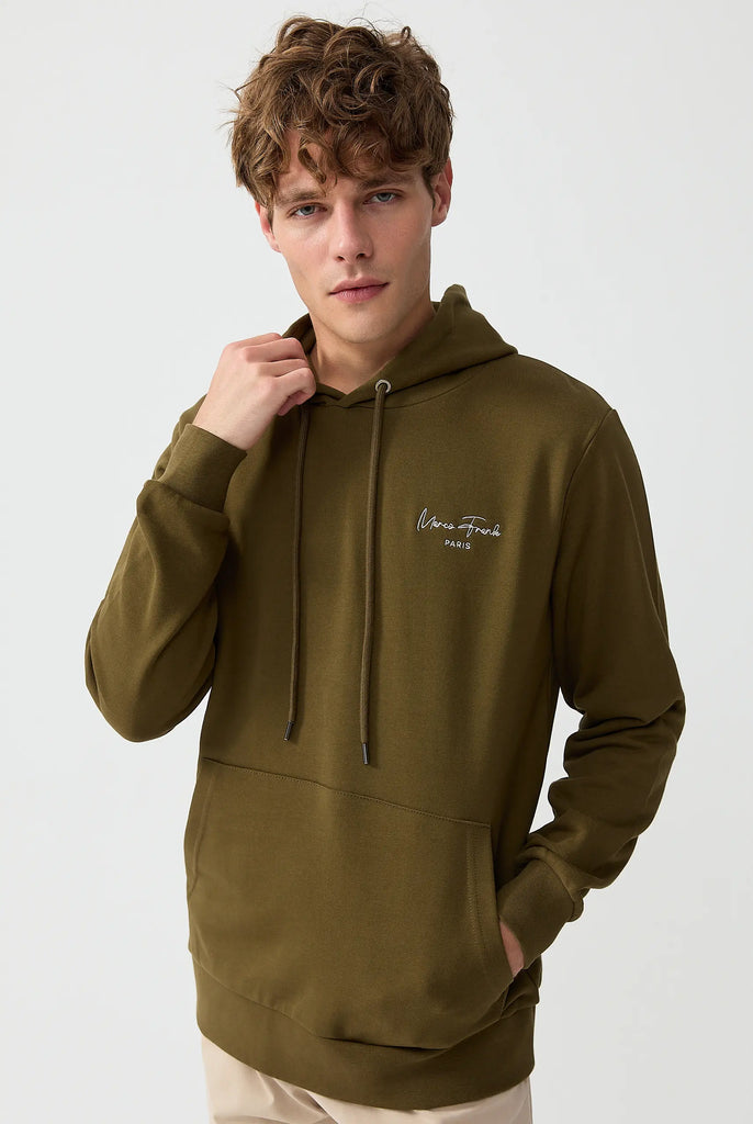 Marco Frank - Hugh: Sweat Capuche Avec Logo Manuscrit Brodé - Kaki