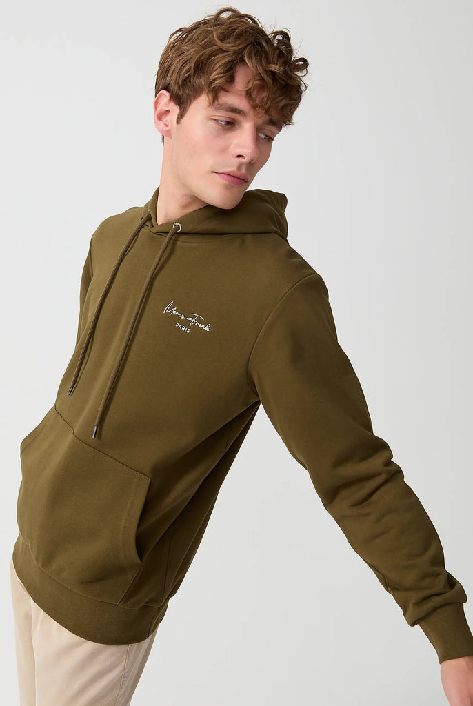 Marco Frank - Hugh: Sweat Capuche Avec Logo Manuscrit Brodé - Kaki