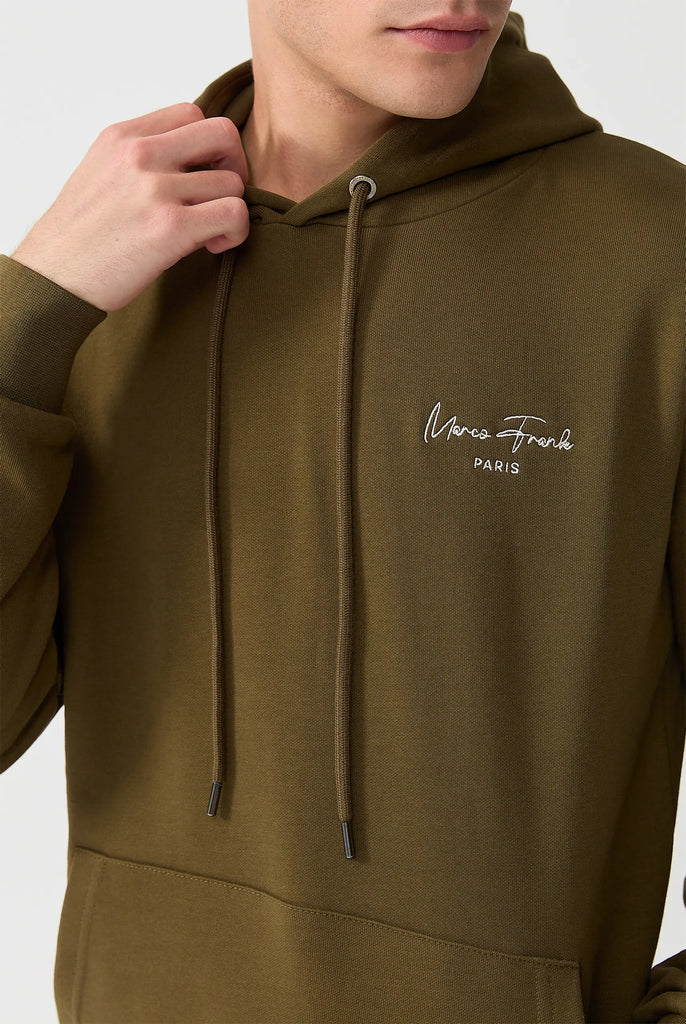Marco Frank - Hugh: Sweat Capuche Avec Logo Manuscrit Brodé - Kaki