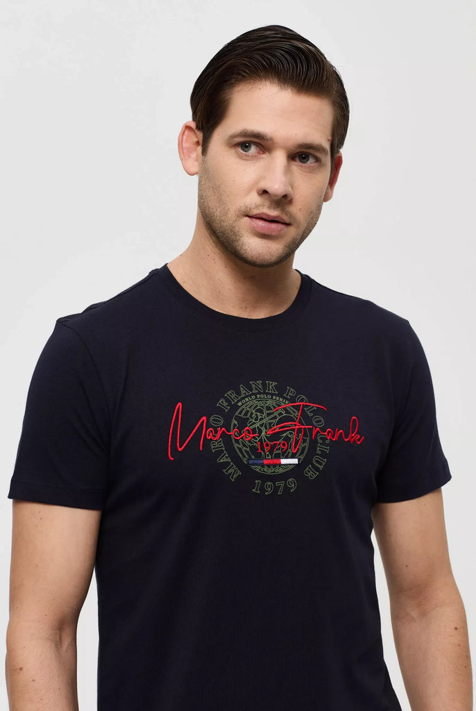 Marco Frank - Daniel: T-shirt Avec Logo Manuscrit Brodé et Imprimé - Bleu Marine