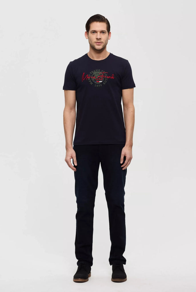 Marco Frank - Daniel: T-shirt Avec Logo Manuscrit Brodé et Imprimé - Bleu Marine