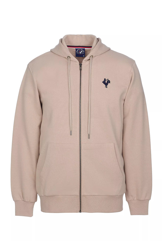 Marco Frank - Ducasse: Sweat Zippé à Capuche Avec Logo de Coq Emblématique Brodé - Beige